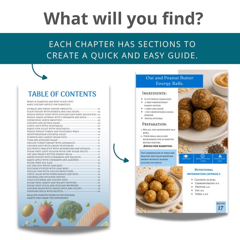 May include: A cookbook page with a table of contents and a recipe for oat and peanut butter energy balls. The recipe includes ingredients, preparation steps, and nutritional information. The page also features images of the energy balls.