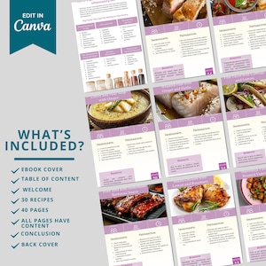 May include: A digital cookbook with a purple and white design. The cover features the text "What's Included?" and a checklist of items included in the cookbook, such as an ebook cover, table of contents, welcome, 30 recipes, 40 pages, all pages have content, conclusion, and back cover. The inside pages feature images of various dishes, such as celery and pear soup with ginger, steamed fish with ginger and garlic, pork ribs with barbecue sauce, lemony chicken with lemon and rosemary, and roasted vegetables.