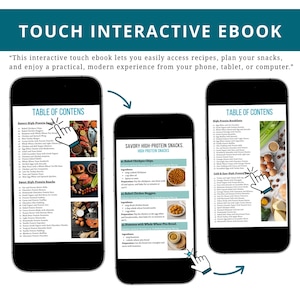 May include: Three smartphones displaying a digital cookbook with recipes. The screens show a table of contents, snack recipes, and breakfast options. The text reads "Touch Interactive Ebook" and "Savory High-Protein Snacks."