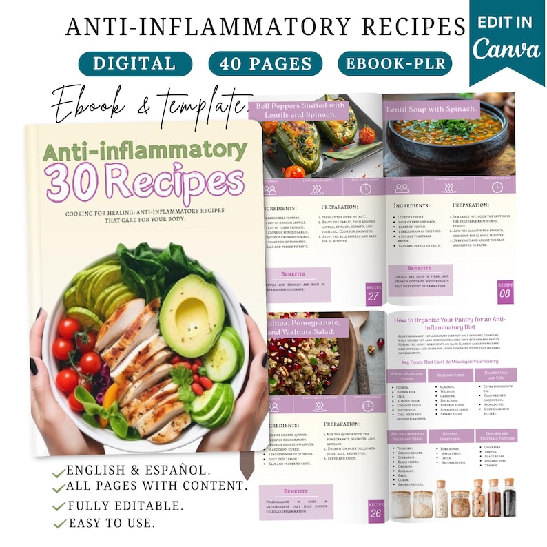 Anti-inflammatory recipes, Canva ebook, recipe ebook, healthy recipes,Canva template,wellness and health, nutrition ebook, PLR, health guide image 1