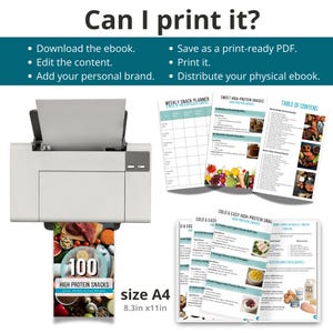 May include: A white printer printing a document titled "100 High Protein Snacks." The image includes pages with recipes and a weekly snack planner. Text on the image says "Can I print it?" and "size A4 8.3in x 11in."