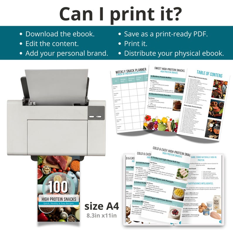 May include: A white printer printing a document titled "100 High Protein Snacks." The image includes pages with recipes and a weekly snack planner. Text on the image says "Can I print it?" and "size A4 8.3in x 11in."