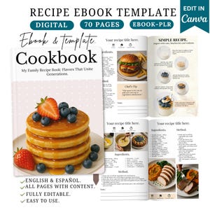 Könnte beinhalten: Ein digitales Kochbuch-Template mit dem Titel "Cookbook" und dem Text "My Family Recipe Book: Flavors That Unite Generations." Das Cover zeigt Pfannkuchen mit Blaubeeren und Erdbeeren. Das Template enthält den Text "English & Español," "All Pages With Content," "Fully Editable," und "Easy to Use."