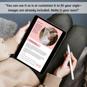 K&ouml;nnte beinhalten: Ein digitales Tablet mit einem rosa und wei&szlig;en Affirmationsf&uuml;hrer, gehalten von einer Person. Der Bildschirm des Tablets zeigt Text &uuml;ber Dankbarkeit und positives Denken. Ein wei&szlig;er Stift liegt in der Hand der Person. Das Bild enth&auml;lt den Text: "Sie k&ouml;nnen es so verwenden oder an Ihren Stil anpassen - Bilder sind bereits enthalten. Machen Sie es zu Ihrem eigenen!"