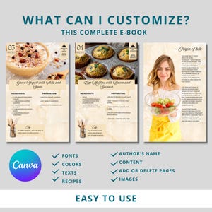 Pu&ograve; includere: Una copertina di e-book digitale con uno sfondo marrone chiaro e un titolo che recita "Cosa posso personalizzare? Questo e-book completo". La copertina presenta tre immagini: una ciotola di yogurt greco con noci e semi, un vassoio di muffin alle uova con pancetta e spinaci, e una donna che tiene una ciotola di insalata. Il testo "Facile da usare" &egrave; in fondo alla copertina.