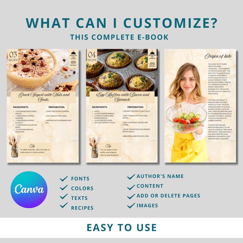 Pu&ograve; includere: Una copertina di e-book digitale con uno sfondo marrone chiaro e un titolo che recita "Cosa posso personalizzare? Questo e-book completo". La copertina presenta tre immagini: una ciotola di yogurt greco con noci e semi, un vassoio di muffin alle uova con pancetta e spinaci, e una donna che tiene una ciotola di insalata. Il testo "Facile da usare" &egrave; in fondo alla copertina.