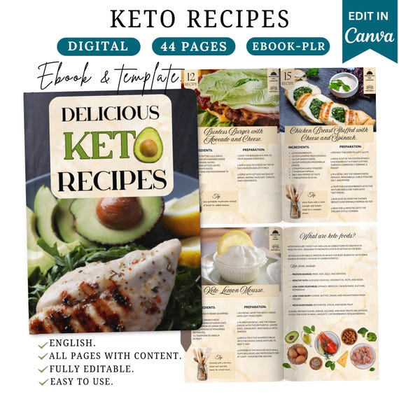 Keto Recipe eBook: 30 Low-Carb Recipes, Canva Template (plr),low carb recipes ebook,keto diet ebook,keto meal plan,ketogenic recipes