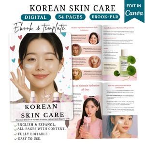 Pode incluir: Um modelo de ebook digital de cuidados com a pele coreana com o texto "Korean Skin Care" e "Ebook & Template". A capa apresenta uma mulher aplicando cuidados com a pele. O ebook inclui dicas sobre esfoliação, hidratação e aplicação de protetor solar. É totalmente editável e fácil de usar.