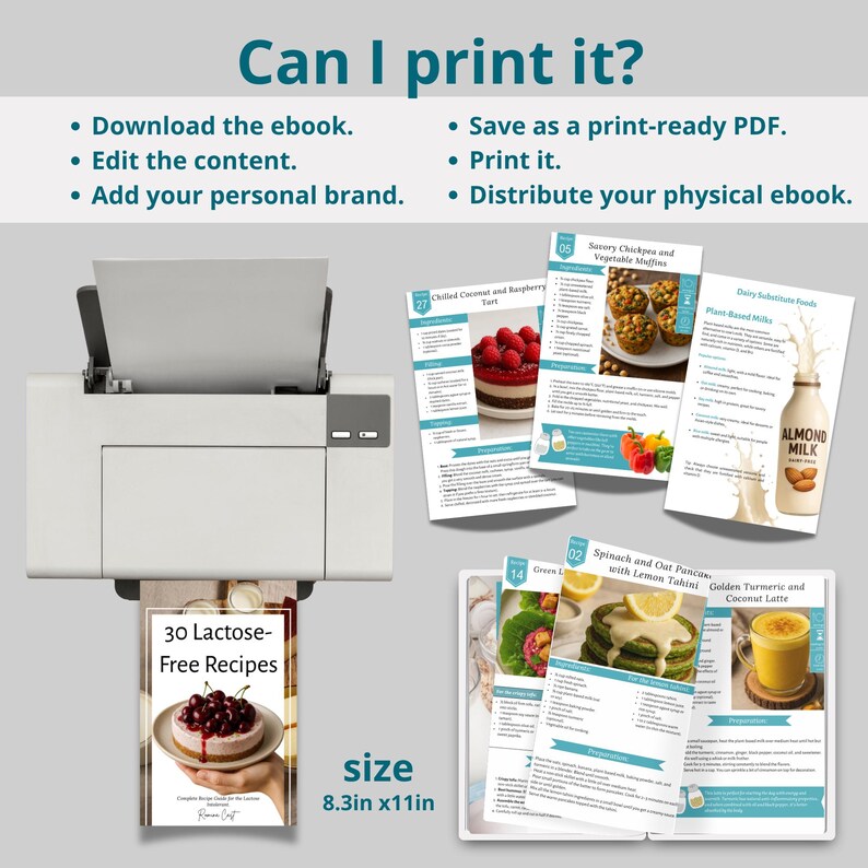 May include: A white printer printing pages from a cookbook. The pages include recipes for lactose-free dishes, with images of food. The text on the pages includes "30 Lactose-Free Recipes" and "8.3in x 11in". The image also includes the text "Can I print it?"
