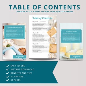 May include: A digital cookbook layout with the title "Table of Contents" and the subtitle "Modern Style, Pastel Colors, High Quality Images." The book features sections on lactose-free breakfasts and lunches, with images of food.