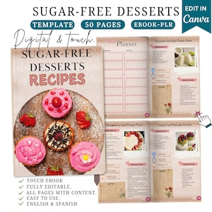 Recetas de postres sin azúcar, postres saludables, recetas, libros electrónicos, salud y bienestar, plantilla de libro de cocina, plantilla de Canva, libro electrónico PLR, libro de recetas.
