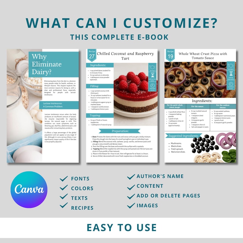 May include: A digital e-book cover with the title "What Can I Customize?" and the text "This Complete E-Book." The cover features pages with recipes, including a Chilled Coconut and Raspberry Tart and a Whole Wheat Crust Pizza. The Canva logo is visible.