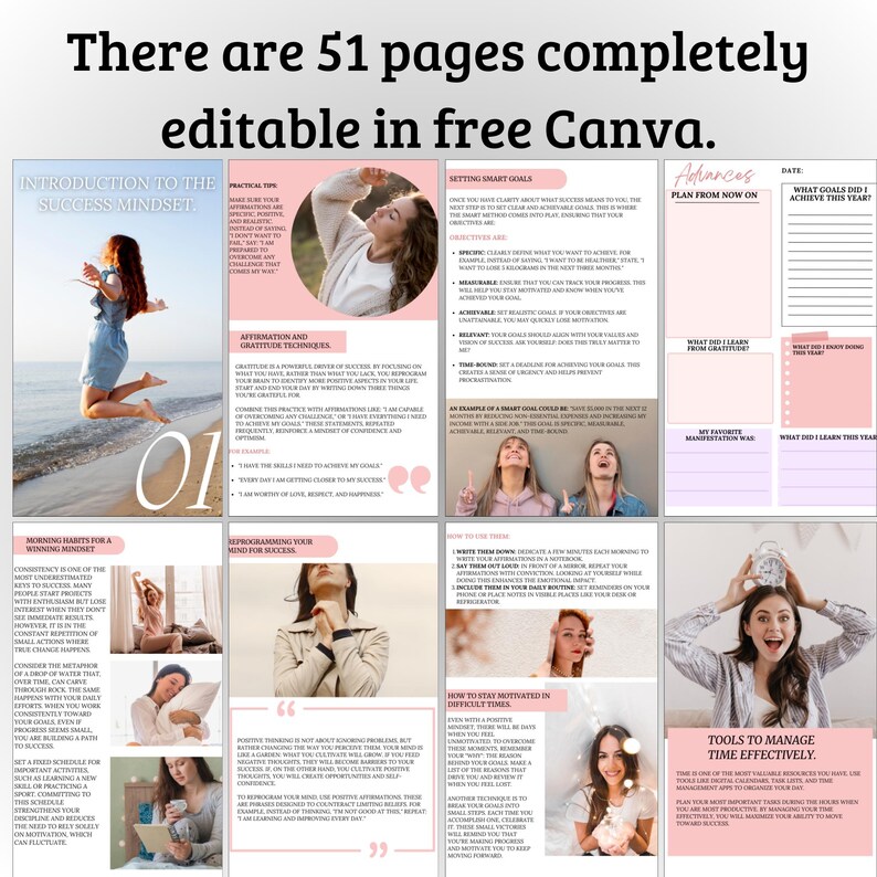 K&ouml;nnte beinhalten: Eine digitale Planervorlage mit rosa und wei&szlig;em Design. Der Planer enth&auml;lt Abschnitte f&uuml;r Zielsetzung, Affirmationen und Zeitmanagement. Der Text auf dem Bild lautet "There are 51 pages completely editable in free Canva."