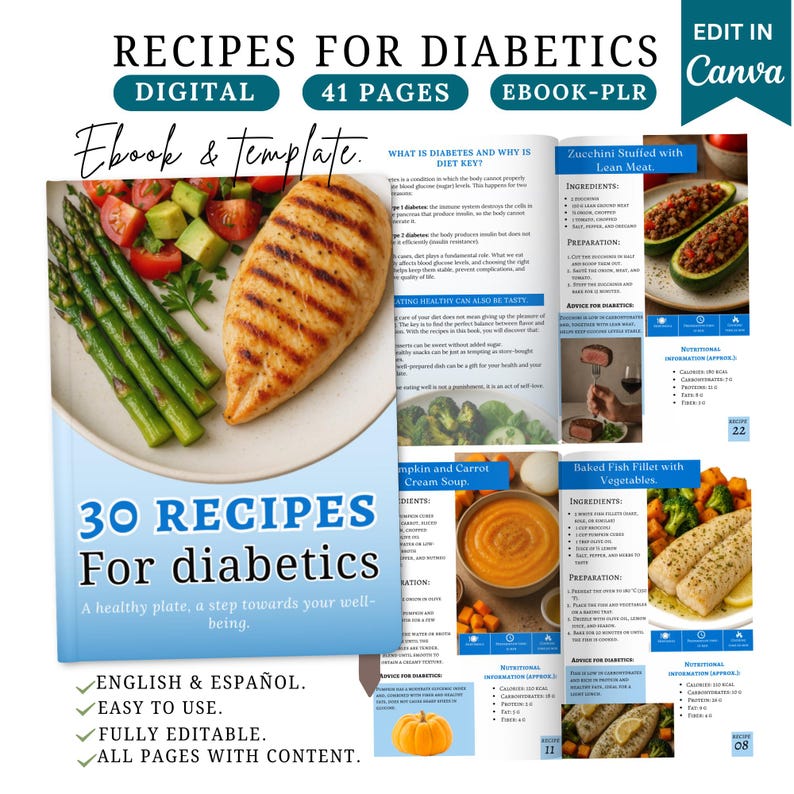 May include: A digital ebook titled "30 Recipes For Diabetics" with 41 pages. The cover features a grilled chicken breast, asparagus, and tomatoes. The ebook includes recipes for zucchini stuffed with lean meat, pumpkin and carrot cream soup, and baked fish fillet with vegetables.