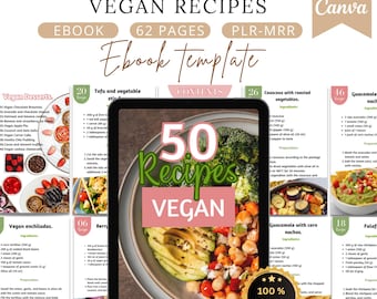 50 vegan recipes ebook,cookbook, healthy recipes, Canva ebook template,ebook,meals for vegans,editable canvas templates,ebooks,pdf,plr,mrr