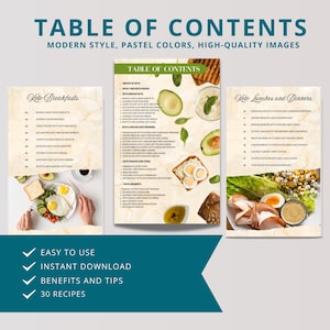 Pu&ograve; includere: Una pagina di indice per un libro di cucina keto con colori pastello e immagini di alta qualit&agrave;. La pagina presenta una variet&agrave; di ricette keto per colazione, pranzo e cena. Il libro di cucina include 30 ricette ed &egrave; facile da usare e scaricare.