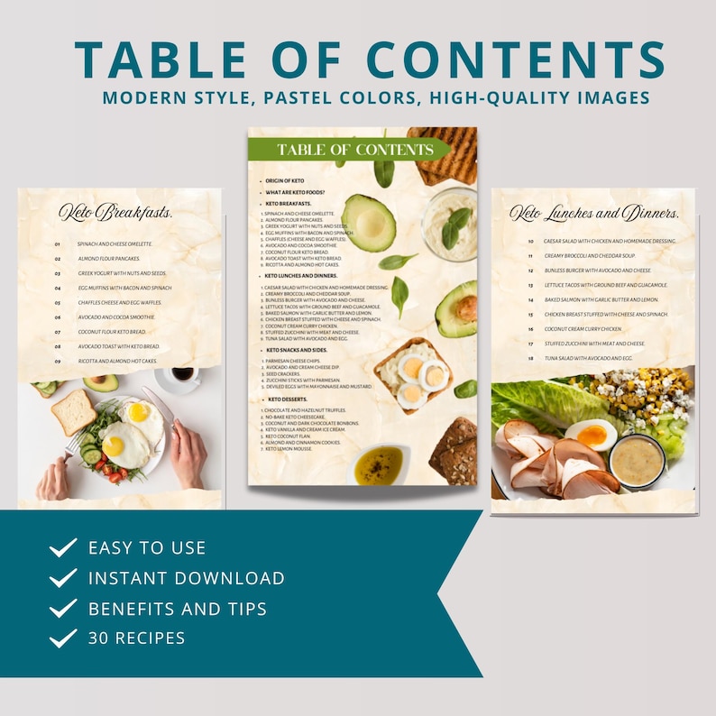 Pu&ograve; includere: Una pagina di indice per un libro di cucina keto con colori pastello e immagini di alta qualit&agrave;. La pagina presenta una variet&agrave; di ricette keto per colazione, pranzo e cena. Il libro di cucina include 30 ricette ed &egrave; facile da usare e scaricare.