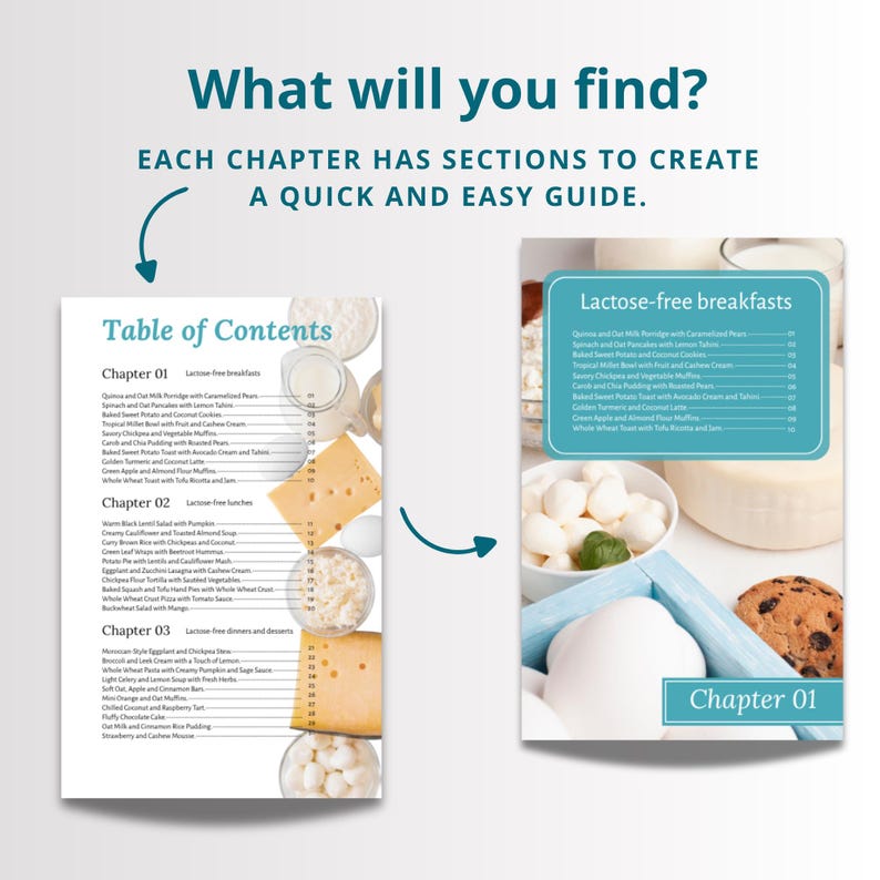 May include: A cookbook spread with the title "What will you find?" and a table of contents. The right page shows a list of lactose-free breakfast recipes. The image includes food items like cheese, eggs, and a cookie.