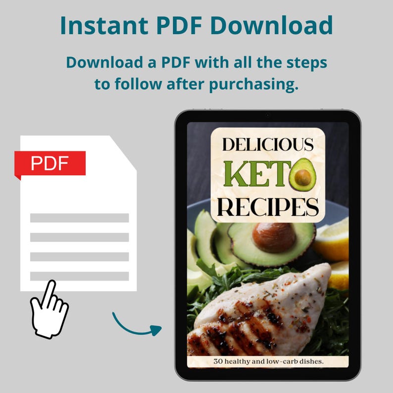Pu&ograve; includere: Un tablet digitale che mostra un download PDF per un libro di ricette keto. La copertina del libro presenta una foto di pollo grigliato, avocado e fette di limone. Il testo sulla copertina recita "Deliziose Ricette Keto" e "30 piatti sani e a basso contenuto di carboidrati."