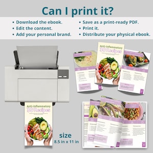 May include: A white printer with a sheet of paper coming out of it. The paper has a pink and purple design with the text "Anti-inflammatory 30 Recipes" and a photo of a bowl of food. The paper is 8.5 inches by 11 inches.