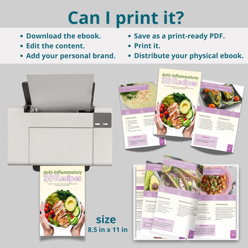May include: A white printer with a sheet of paper coming out of it. The paper has a pink and purple design with the text "Anti-inflammatory 30 Recipes" and a photo of a bowl of food. The paper is 8.5 inches by 11 inches.