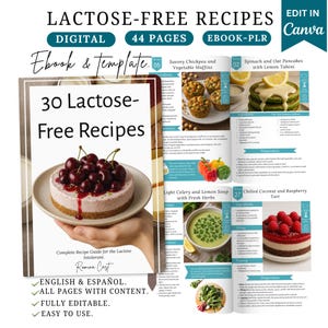 以下が含まれることがあります： 「乳糖フリーレシピ」というタイトルの44ページのデジタル電子書籍。表紙にはチェリーデザートが描かれています。中には、ひよこ豆のマフィン、ほうれん草のパンケーキ、セロリのスープ、ラズベリータルトなどのレシピが掲載されています。