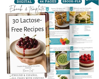 Libro electrónico de recetas sin lactosa, alimentos sin lácteos, recetas saludables, libro electrónico sobre intolerancia a la lactosa, alimentos sin lactosa, plantilla de Canva, libro electrónico de Canva, PLR, PDF