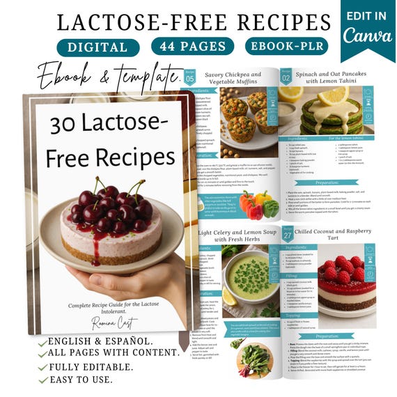 Lactose free recipe ebook,dairy-free foods,healthy recipes,lactose intolerance ebook,lactose free food,Canva template, Canva ebook,PLR,PDF