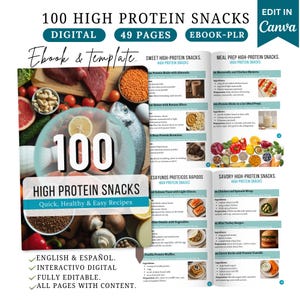 May include: Digital ebook titled "100 High Protein Snacks" with 49 pages. The cover features text and images of healthy food, including meat, fish, fruits, and nuts. The ebook includes recipes for sweet and savory high-protein snacks.