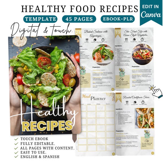 Healthy recipes,protein-rich recipes, wellness ebook,diy recipes, nutrition ebook, workbook, PLR ebook, cookbook template, Canva ebook,Touch