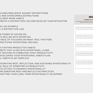 Intentionality coaching workbook digital download — modern neutral aesthetic with structured reflection pages and warm earth tones