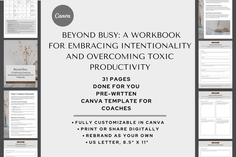 Toxic productivity workbook printable art for workspace — clean minimalist layout featuring soft taupe accents and goal-setting sections