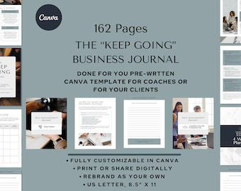 Peut inclure: Une maquette de produit numérique pour un journal d'affaires de 162 pages intitulé "The Keep Going Business Journal". Le journal est un modèle Canva pour les coachs ou pour les clients. Le journal est entièrement personnalisable dans Canva, peut être imprimé ou partagé numériquement, et peut être rebrandé à votre guise. Le journal est au format US Letter, 8,5 pouces par 11 pouces.