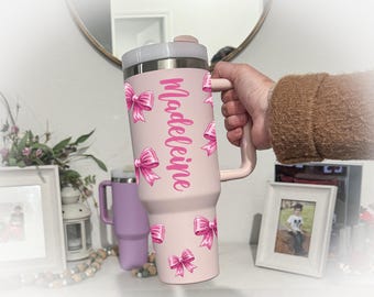 Pink Bows Tumbler 40oz Insulated Travel Mug with Handle & Customizable Name Gift, Perfect for Birthdays or Holidays