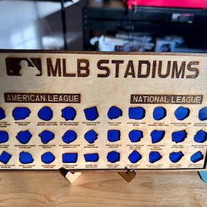 Peut inclure: Panneau en bois avec le texte "MLB STADIUMS" et le logo MLB. Il présente des silhouettes bleues de stades, divisées en sections Ligue américaine et Ligue nationale. Un objet décoratif pour les fans de baseball.