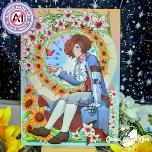 Può includere: Illustrazione colorata di una persona in abito blu e rosso, circondata da girasoli e gigli. L'opera presenta un design circolare con farfalle e uno sfondo di cielo blu. L'immagine contiene il testo "HUMAN MADE ART" e "no AI used".