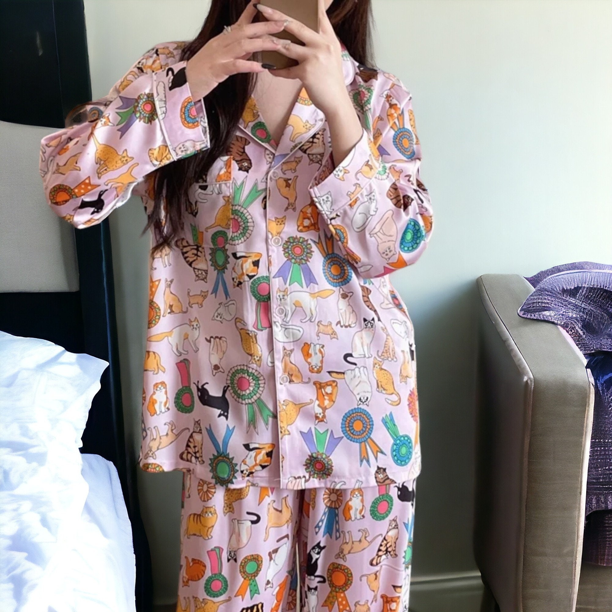 Buy Women's Quirky Cat Print Pyjamas With Pocket