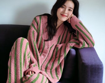 Womens Fluffy Pyjamas Cute Pyjama Cute Pyjama Stripe Pyjama Teddy Bear Wife Pyjama Soft Pyjama Gift For Her