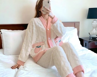 Soft Fluffy Pyjamas Cute Pyjama Cute Pyjama Stripe Pyjama Teddy Bear Wife Pyjama Soft Pyjama Gift For Her