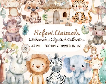Safari Animals Watercolor Clipart, Jungle Animals Clipart, Neutral Nursery Wall Decor, Cute Animals Png, Safari Baby Animals, Baby Shower