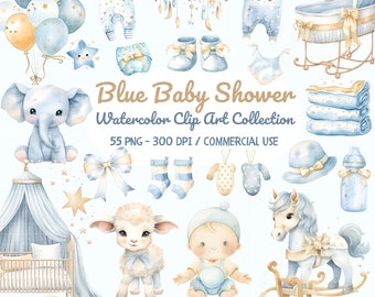 Neutral Baby Shower Clipart, Blue Baby Clip art Bundle, Watercolor Baby Shower PNG, Newborn SVG, Cute Nursery Animal Decor, Child Graphics