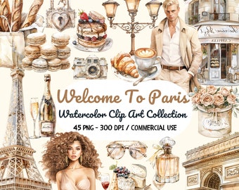 Watercolor Paris Clipart Bundle, Croissant, Romantic Paris PNG, Travel Clipart,Bonjour Paris PNG, Paris France Clipart, Eiffel Tower Clipart