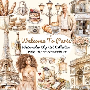 Watercolor Paris Clipart Bundle, Croissant, Romantic Paris PNG, Travel Clipart,Bonjour Paris PNG, Paris France Clipart, Eiffel Tower Clipart