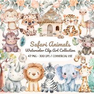 Clipart acquerello animali Safari, clipart animali della giungla, decorazione della parete della scuola materna neutra, simpatici animali Png, cuccioli di safari, baby shower