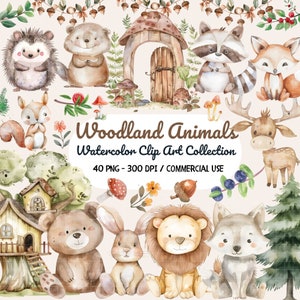 Imágenes prediseñadas de acuarela de animales del bosque, imágenes prediseñadas de baby shower, conejo, animales del bosque, arte de pared de decoración de guardería, niños, imágenes prediseñadas de bebé boho