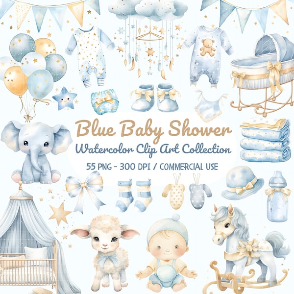 Clipart neutre baby shower, bleu bébé clipart Bundle, aquarelle baby shower PNG, nouveau-né SVG, décoration animal mignon chambre de bébé, graphiques enfant