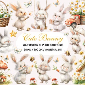 May include: A set of 36 watercolor clip art images featuring cute bunnies in various poses. The bunnies are surrounded by flowers, butterflies, and other spring-themed elements. The images are perfect for creating invitations, cards, and other crafts.