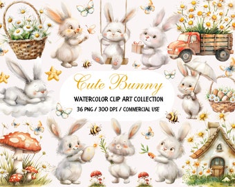 Watercolor Cute Bunny Clipart, Easter Clipart, Easter Bunny PNG, Spring Clipart, Bunny Birthday Clipart, Bunny Baby Shower, Easter Rabbit