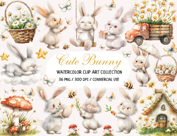 Watercolor Cute Bunny Clipart, Easter Clipart, Easter Bunny PNG, Spring Clipart, Bunny Birthday Clipart, Bunny Baby Shower, Easter Rabbit