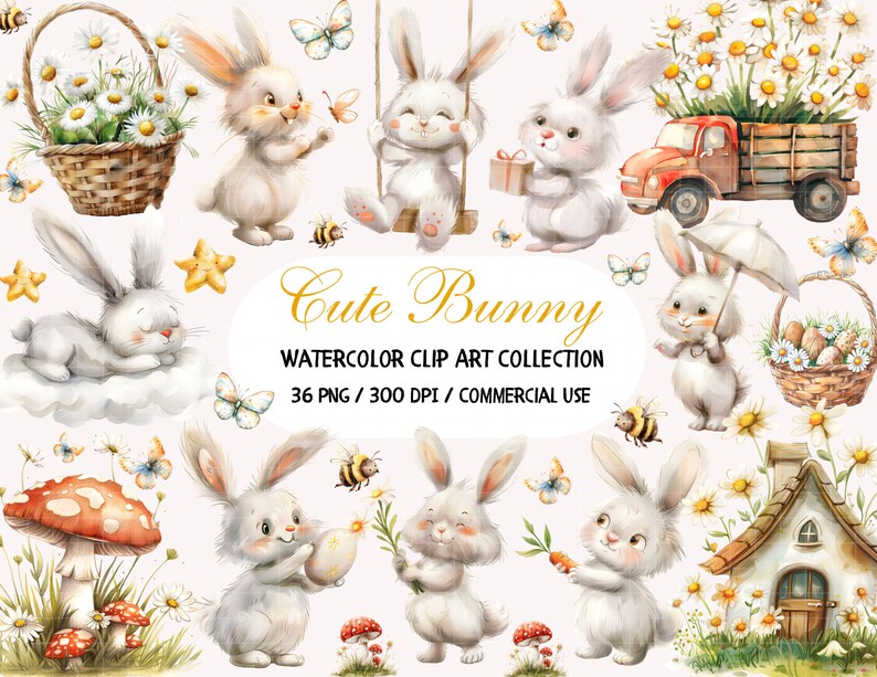 May include: A set of 36 watercolor clip art images featuring cute bunnies in various poses. The bunnies are surrounded by flowers, butterflies, and other spring-themed elements. The images are perfect for creating invitations, cards, and other crafts.